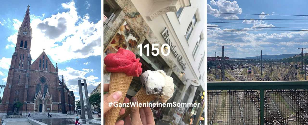 Collage mit Fotos aus Wien: Kirche, Eis, Bahnhof. #GanzWienineinemSommer