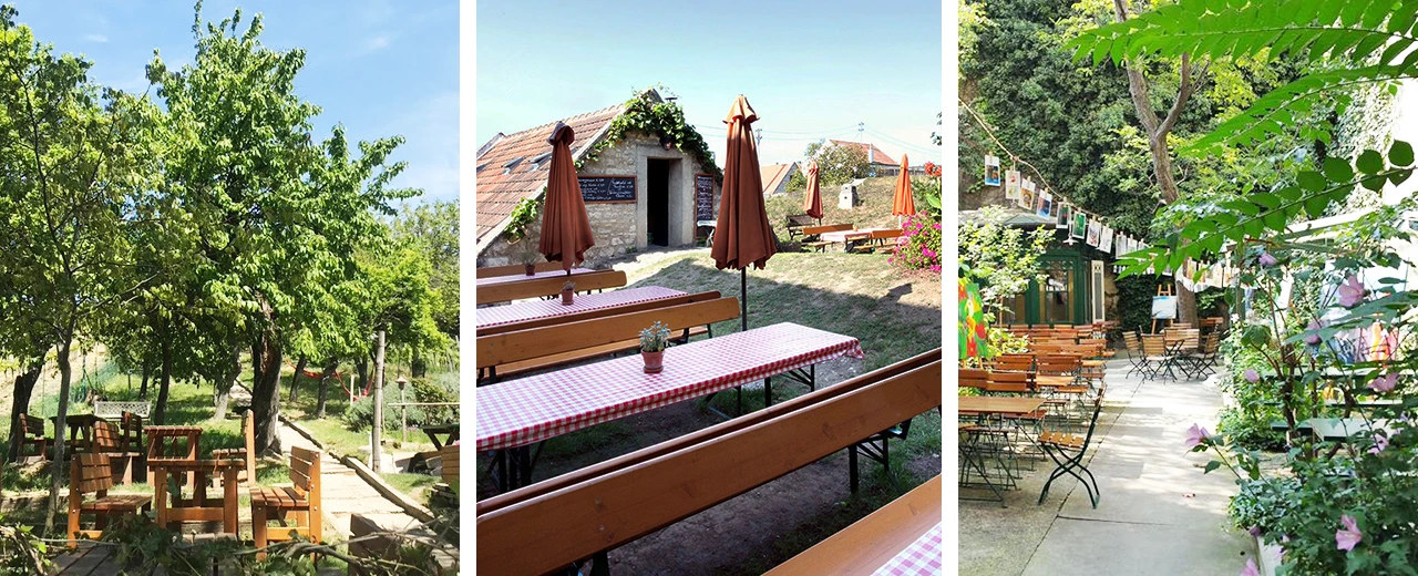 Drei Bilder eines gemütlichen Biergartens mit Holztischen, Bänken, Sonnenschirmen und viel Grün. Perfekt zum Entspannen und Genießen.