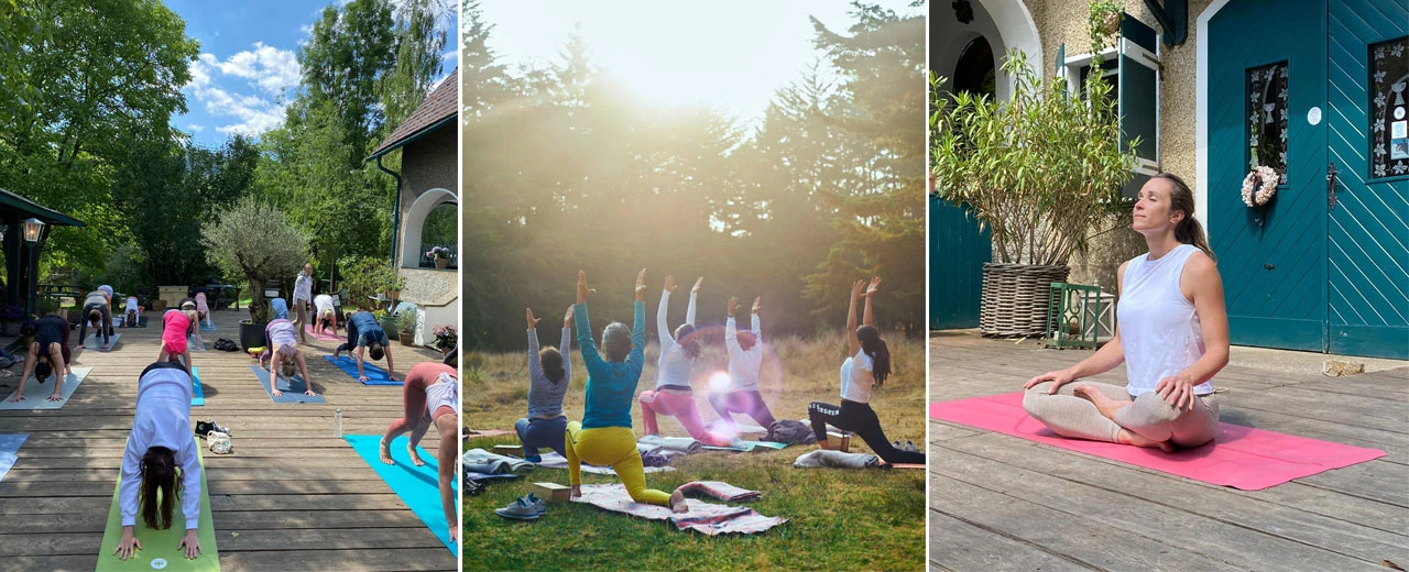 Yoga-Gruppen im Freien: verschiedene Posen und Einstellungen in idyllischer Natur und auf einer Terrasse. Erstellt mit Adobe Photoshop CS6.