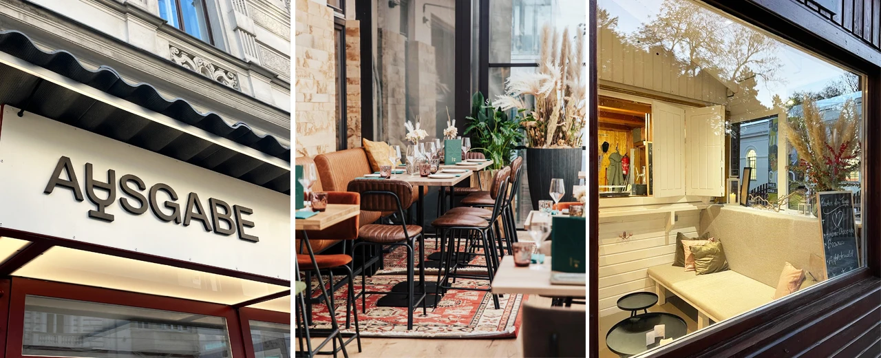 Restaurant AusGabe: Außenansicht, Innenraum mit Sitzplätzen & gemütlicher Außenbereich. Modernes Design.