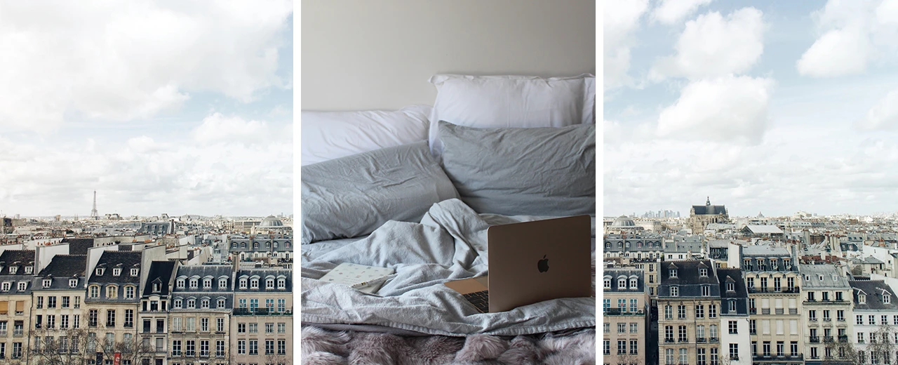 Triptychon: Pariser Stadtlandschaft, Laptop auf Bett, Pariser Stadtlandschaft.  Entspannte Atmosphäre.