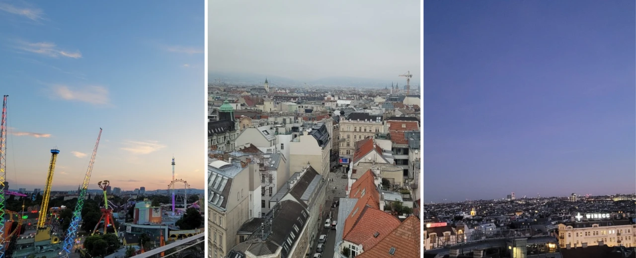 © Jasmin Lerchenbaumer Panoramablick auf Wien: Vergnügungspark bei Sonnenuntergang, Innenstadt bei bedecktem Himmel und Stadt bei Dämmerung.