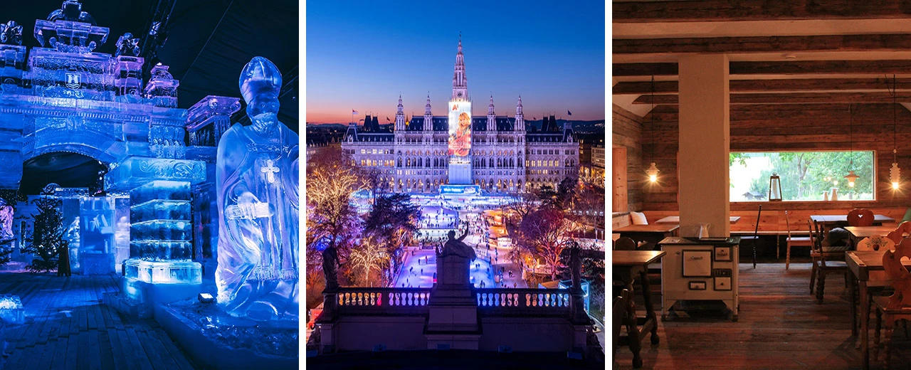 Collage: Eisskulpturen, Wiener Rathausplatz Weihnachtsmarkt & Eislaufplatz, gemütliches Restaurant. Winterliche Aktivitäten.