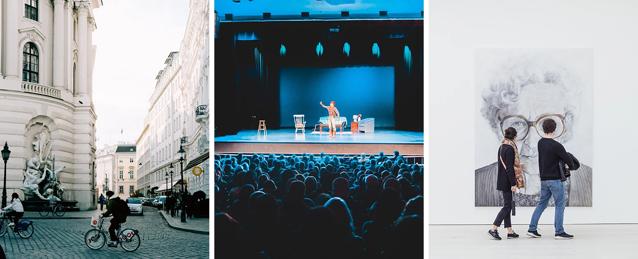 © Unsplash Drei Bilder zeigen: Stadtstraße mit barocker Architektur, Theateraufführung und Kunstmuseum mit Besuchern.  Kulturelle Erlebnisse.