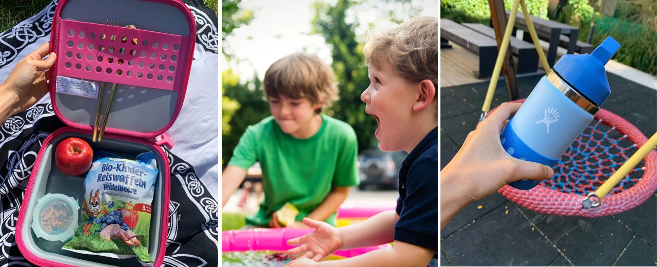 Collage: Pinkfarbene Brotdose mit Essen, Kinder beim Spielen im Wasser, Hand mit Hydro Flask Wasserflasche auf Spielplatz. Adobe Photoshop CS6 (Mac).