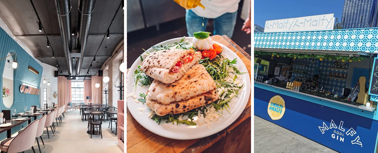 © Enes Daniskan Restaurant-Innenansicht, Piadina-Sandwich und Malfy Gin Stand.  Mit Adobe Photoshop CC 2018 bearbeitet.