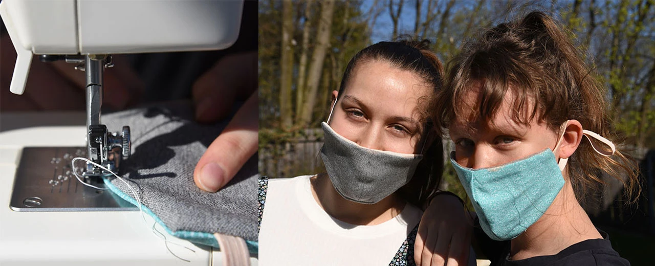 Zwei Frauen tragen selbstgenähte Stoffmasken. Links daneben ist eine Nähmaschine beim Nähen einer Maske zu sehen.