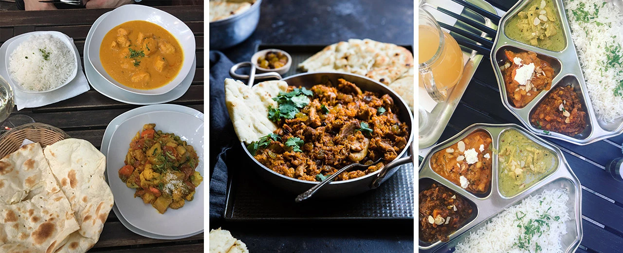 © Nam Nam | Taylor Kiser via Unsplash |Elefant & Castle Verschiedene leckere indische Gerichte mit Currys, Reis und Naan-Brot. Fotos zeigen unterschiedliche Anordnungen der Speisen.