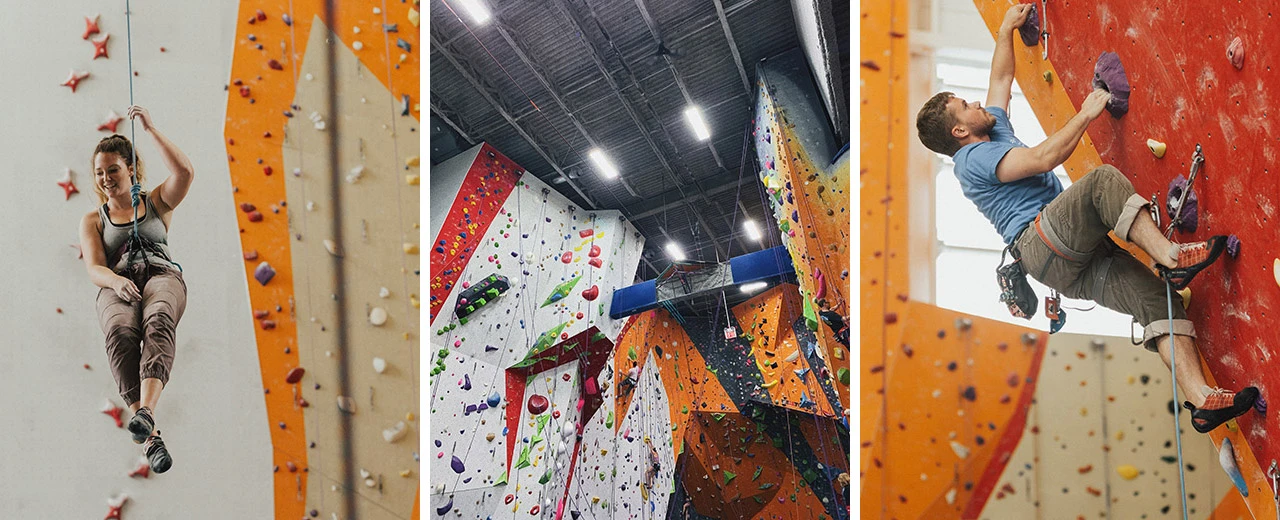 Bild einer modernen Kletterhalle mit Kletterern an verschiedenen Wänden.  Erstellt mit Adobe Photoshop.