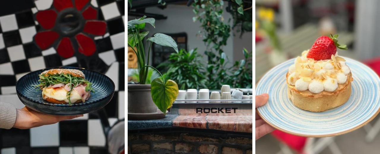 Bagel mit Schinken & Rucola, Erdbeer-Mandel-Dessert, Rocket Kaffeemaschine. Leckeres Frühstück im Café.