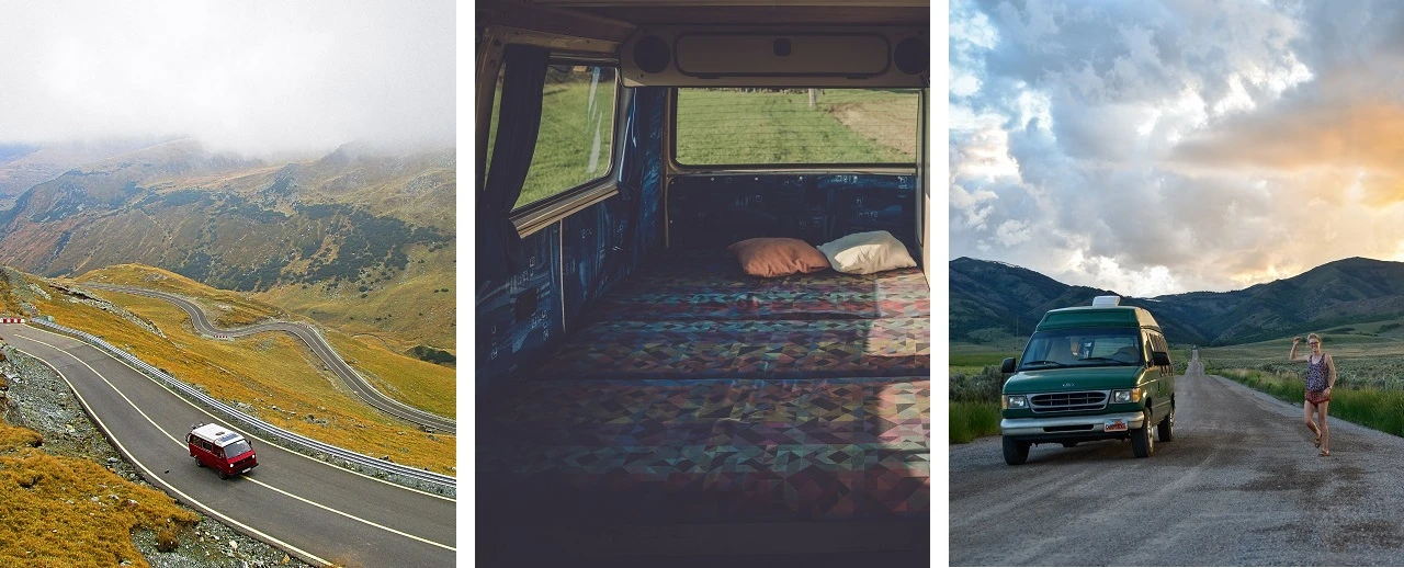 Drei Bilder zeigen verschiedene Aspekte des Vanlife: kurvenreiche Bergstraße, Van-Innenraum mit Bett und eine Person neben einem Van auf einer Landstraße.