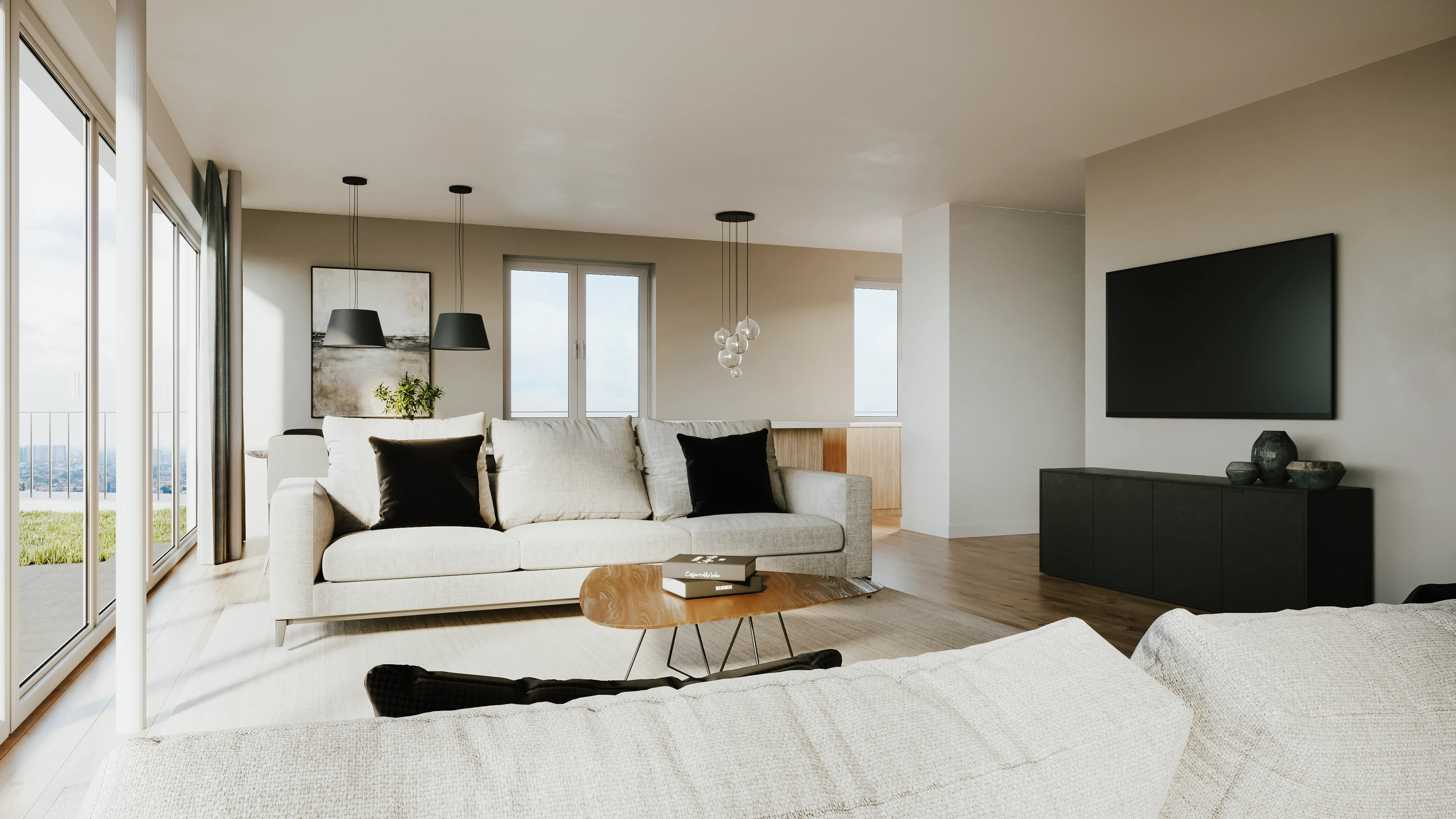 Wohnzimmer in neutralen Farben mit schwarzen Details und Fensterfront