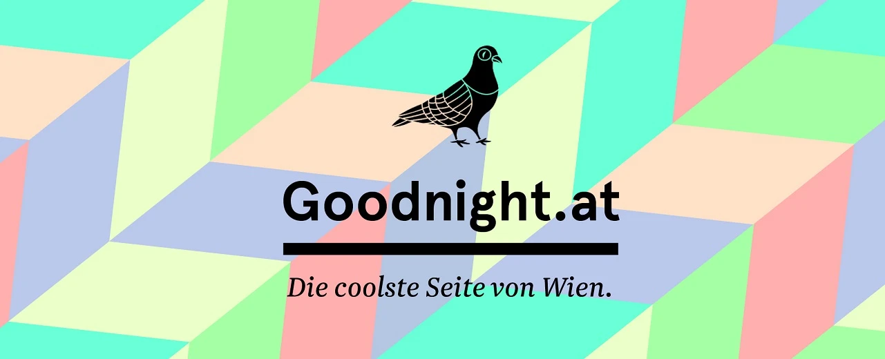 Goodnight.at Logo: Stilisierte Taube auf pastellfarbenem geometrischem Hintergrund. 'Die coolste Seite von Wien'