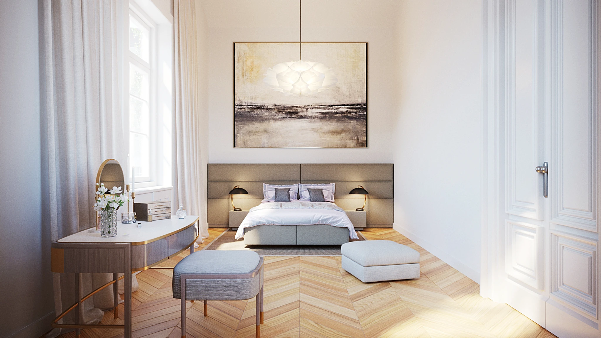 Helles Altbau Schlafzimmer renoviert mit Fischgrätparkett