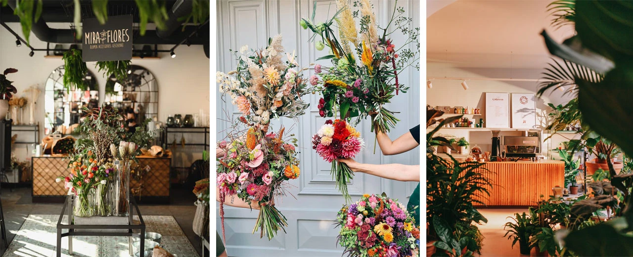 Mira Flores Blumenladen: Drei Bilder zeigen Blumensträuße, die Floristin und den Laden. Mit Adobe Photoshop bearbeitet.