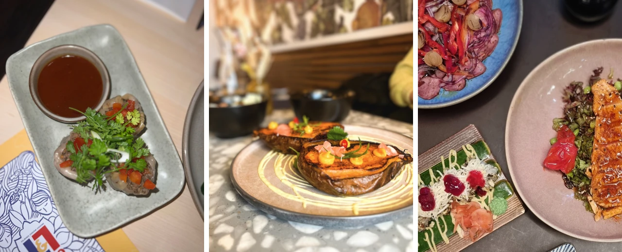 Ansprechende Bilder von verschiedenen Speisen aus Restaurants. Asiatische Küche, Salate & gegrilltes Gemüse.