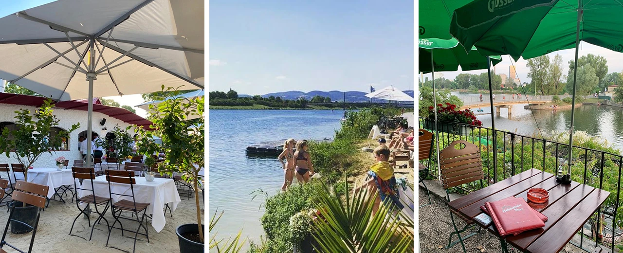 Drei Bilder zeigen die Terrasse und den Seeblick eines Restaurants.  Sonnenschirme, Tische, Stühle, Badegäste und eine Brücke sind zu sehen.