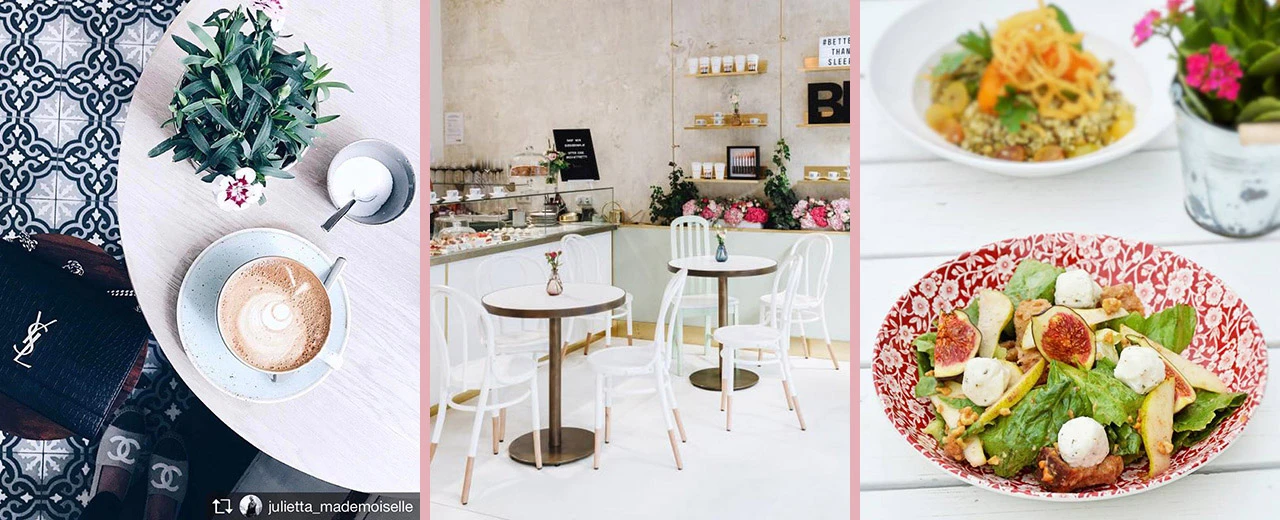 Fotocollage: Café-Ambiente mit Cappuccino, stilvollem Interieur und leckerem Feigensalat.