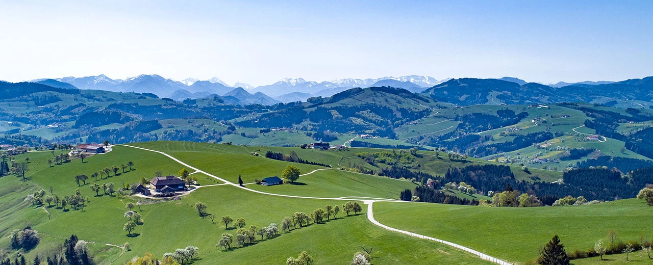 Idyllische Hügellandschaft mit grünen Wiesen, Bauernhöfen und Bergen. Bearbeitet mit Adobe Lightroom.