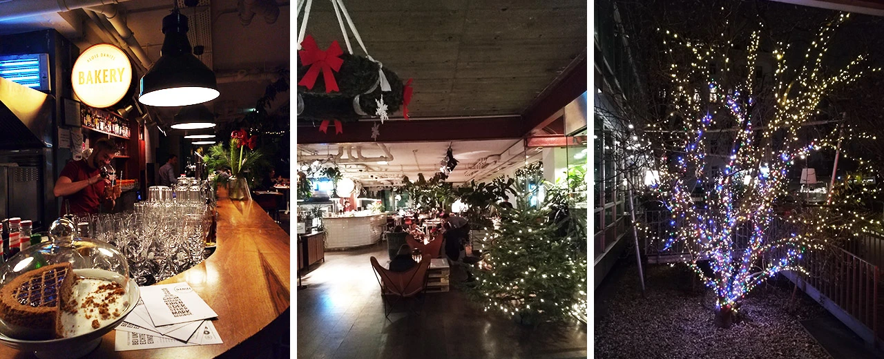 Drei Fotos zeigen ein Restaurant in weihnachtlicher Atmosphäre: Bar, Innenraum mit Deko und beleuchteter Baum draußen.