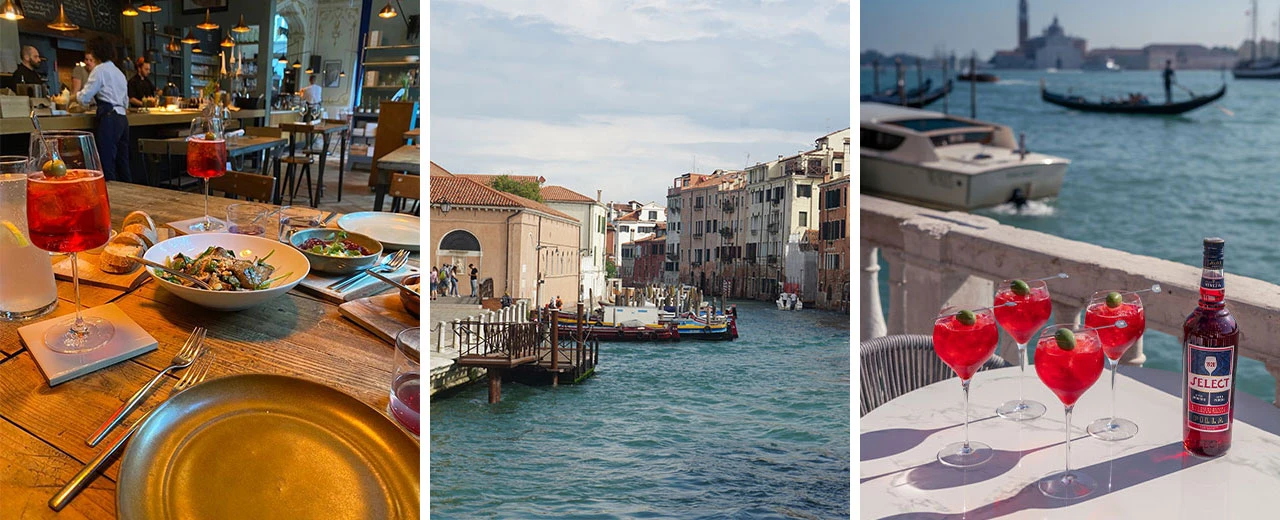 Collage: Restaurant in Venedig, Aperol Spritz, Kanal mit Gondeln, Terrasse mit Blick aufs Wasser. Erstellt mit Adobe Photoshop.