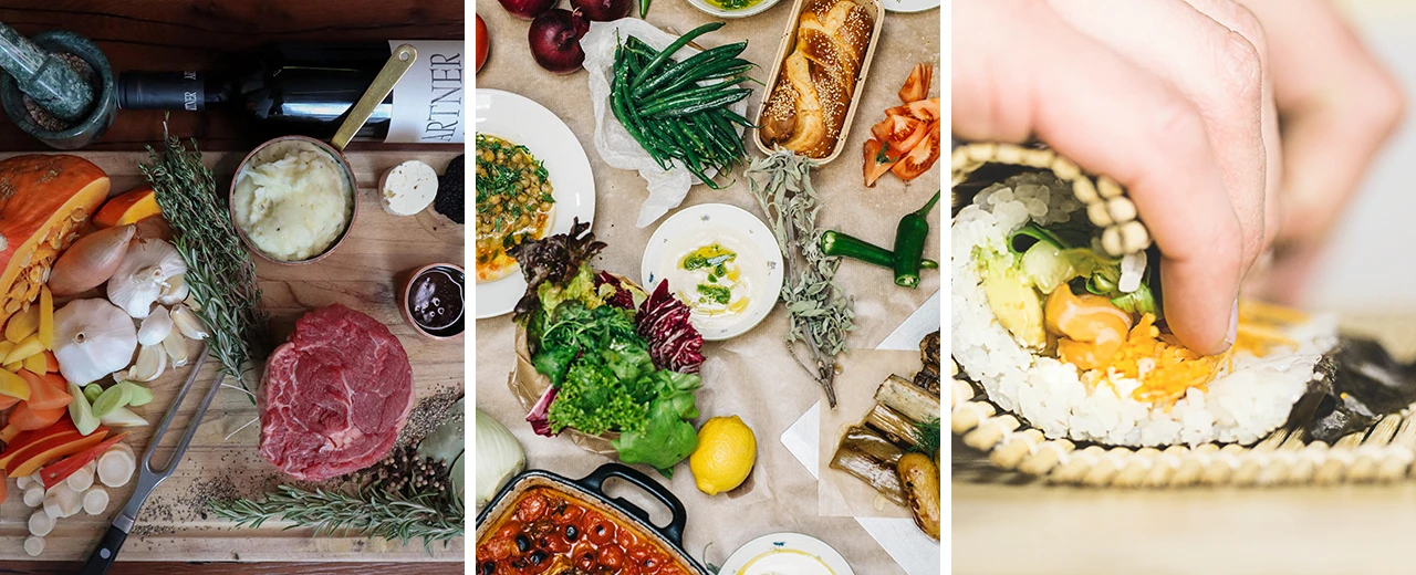 Bildcollage: Steak mit Beilagen, mediterrane Gerichte & Sushi-Zubereitung. Kulinarische Vielfalt.