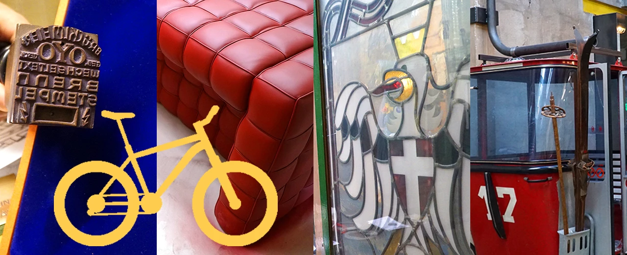 Collage mit Stempel, Ledermöbel, Fahrrad, Buntglasfenster & Straßenbahn. Verschiedene Stile & Epochen.