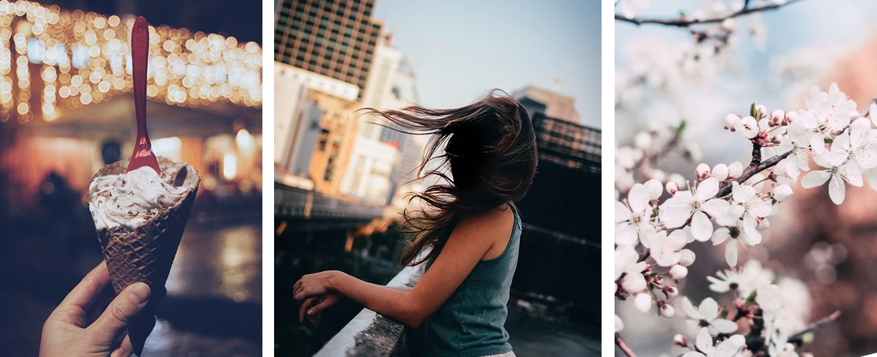 Triptychon: Eis am Stiel, Frau mit wehenden Haaren in der Stadt, blühender Zweig. Erstellt mit Adobe Photoshop.