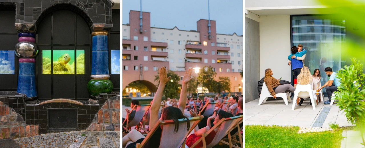 Technoplan Juni: Urbanes Leben, Open-Air-Kino, Gemeinschaft. Drei Szenen zeigen Architektur, Freizeitspaß und soziale Interaktionen.