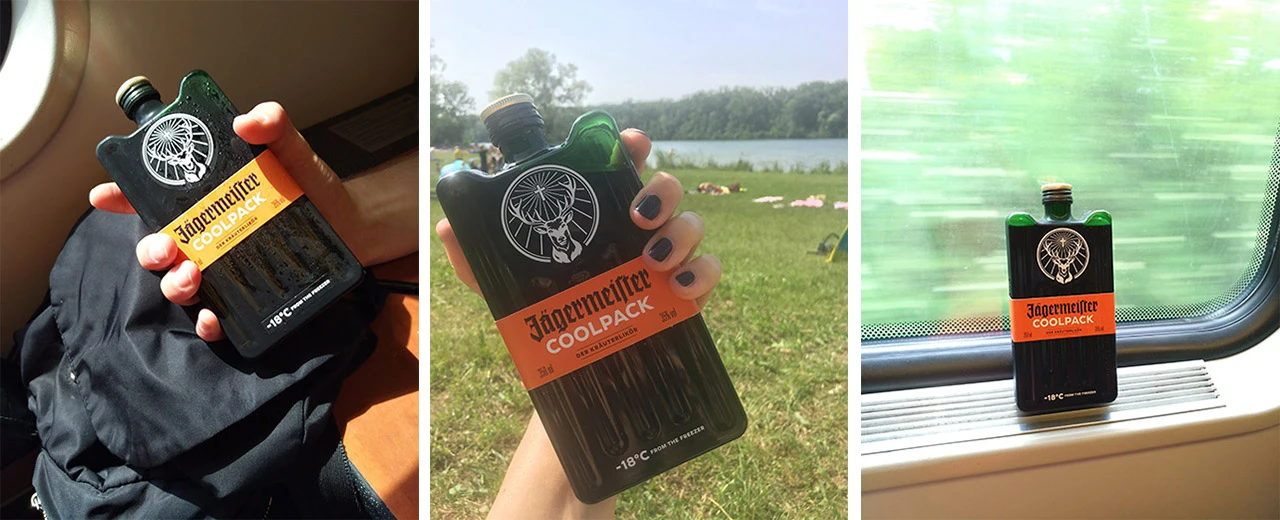 © Jägermeister Drei Bilder zeigen eine Flasche Jägermeister Coolpack an verschiedenen Orten: im Zug, am See und im Freien. Praktische Kühlpackung für unterwegs.