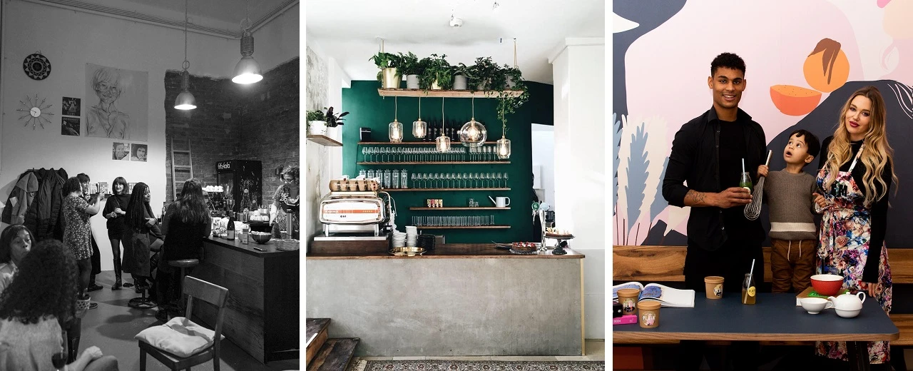 © Carioca | Hildebrandt Café | Plain Drei Bilder zeigen ein modernes Café: Veranstaltung, Theke, Familie.