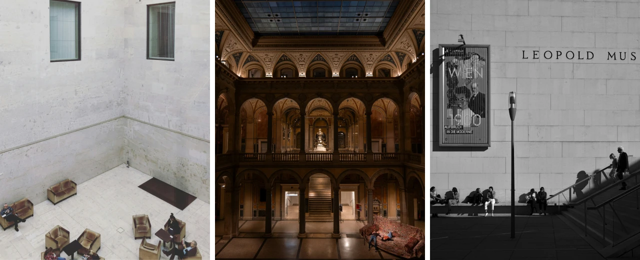 Drei Museumsumgebungen: moderner Innenhof, historisches Treppenhaus, Leopold Museum Wien.