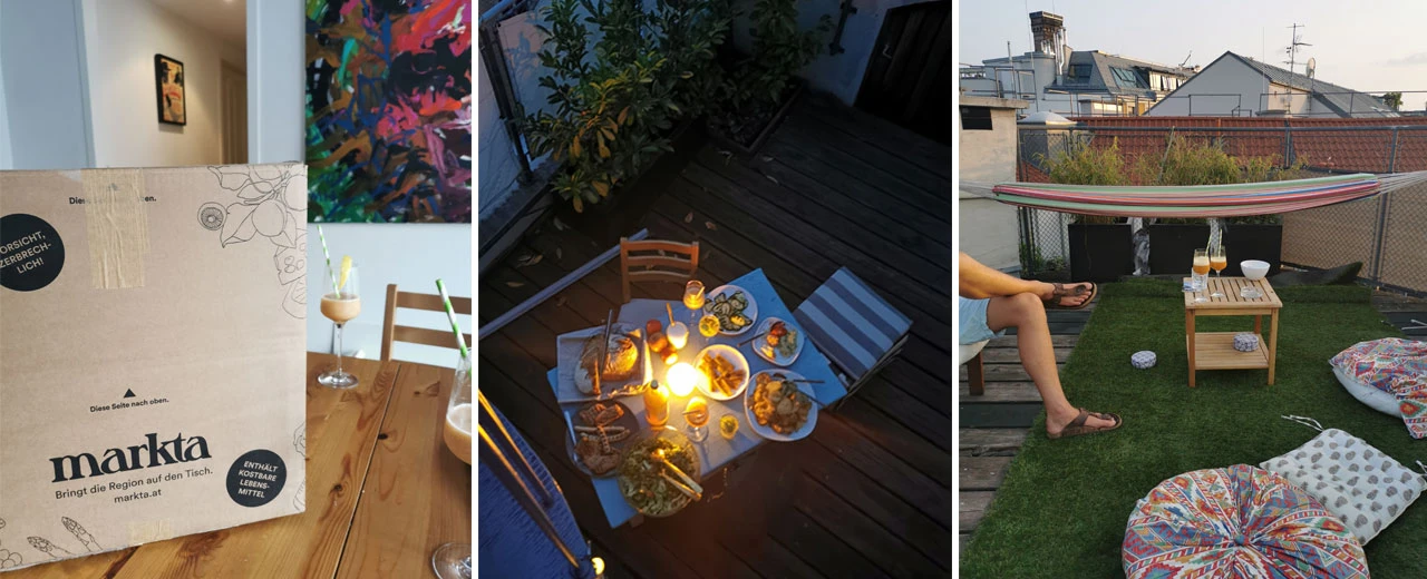 Abendessen auf der Dachterrasse: Markta-Lieferung, romantisches Dinner, Hängematte und entspannte Atmosphäre. Mit Adobe Photoshop bearbeitet.