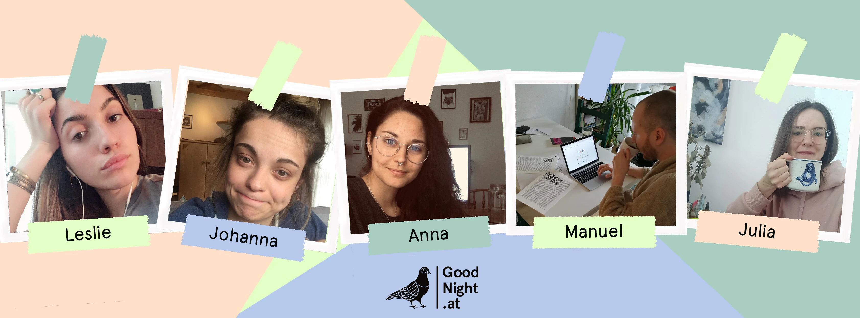 Teamfoto von Leslie, Johanna, Anna, Manuel & Julia von Good Night .at. Polaroids auf pastellfarbenem Hintergrund.