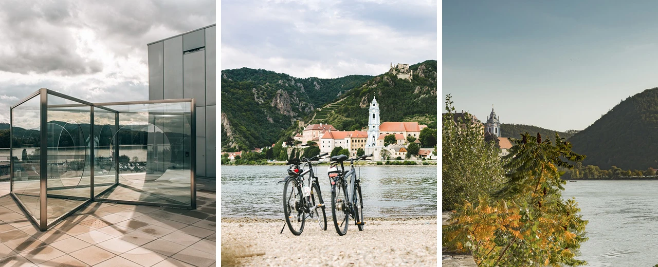 Drei Fotos zeigen die Wachau: Moderne Architektur, Fahrräder am Fluss vor einem Kloster und ein Fluss-Panorama.