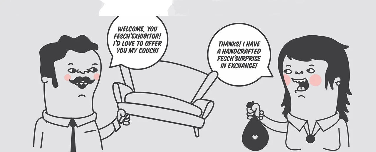 Comic-Illustration: Mann tauscht Sofa gegen handgefertigtes Geschenk. Photoshop CC 2015.