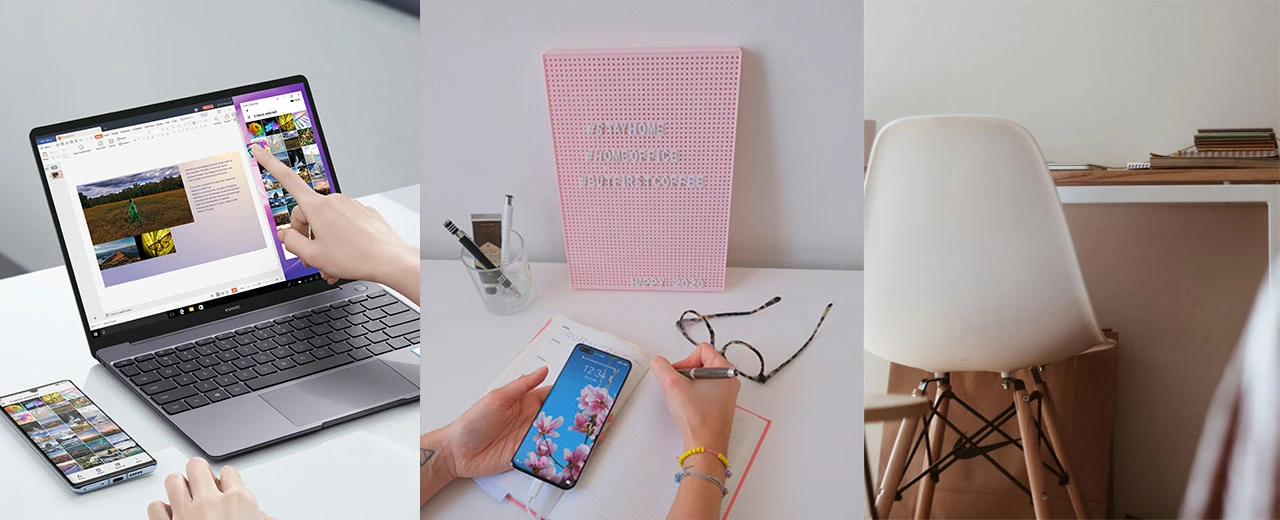 Bild zeigt Laptop, Smartphone und Notizbuch auf einem Schreibtisch.  Homeoffice-Szenen, moderne Arbeitswelt.