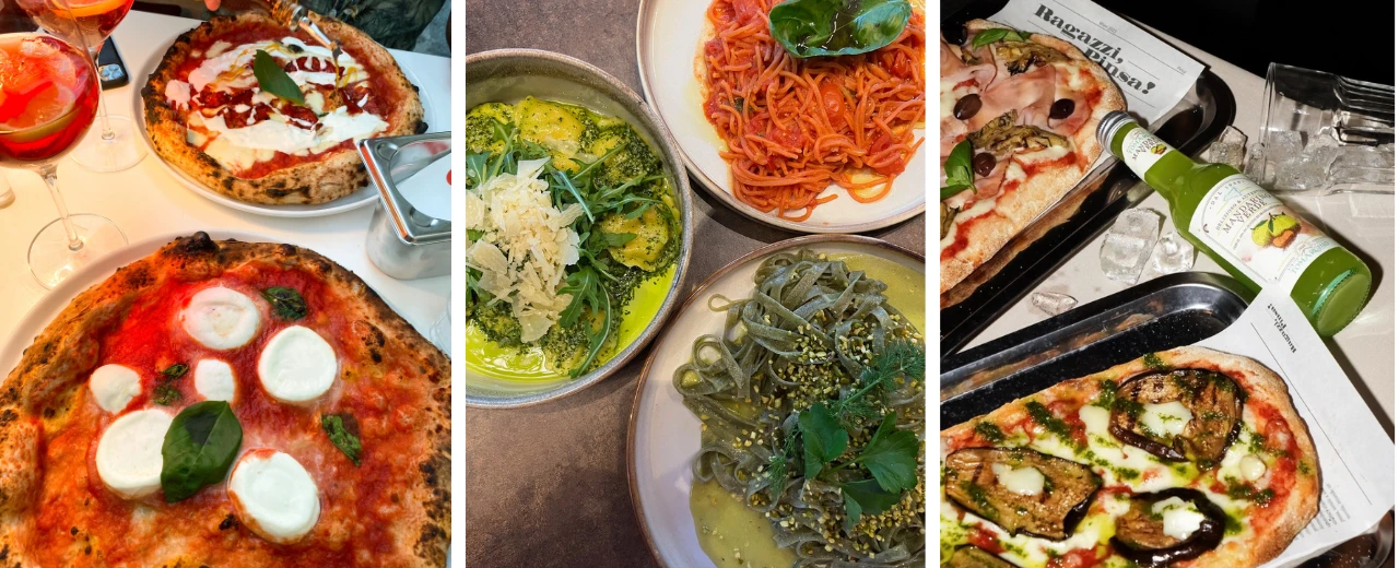 Collage mit Bildern von italienischen Speisen: Pizza, Pasta und Ravioli. Leckere Gerichte in einem italienischen Restaurant.