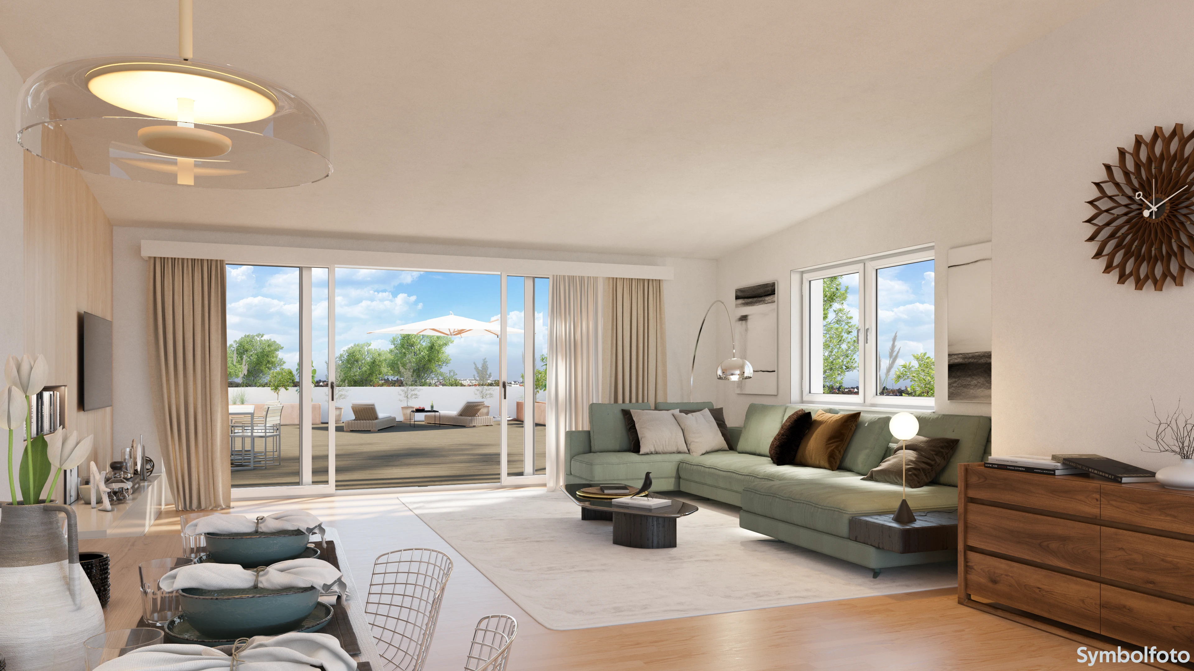Moderne Wohnlandschaft mit grüner Couch und blick auf Terrasse