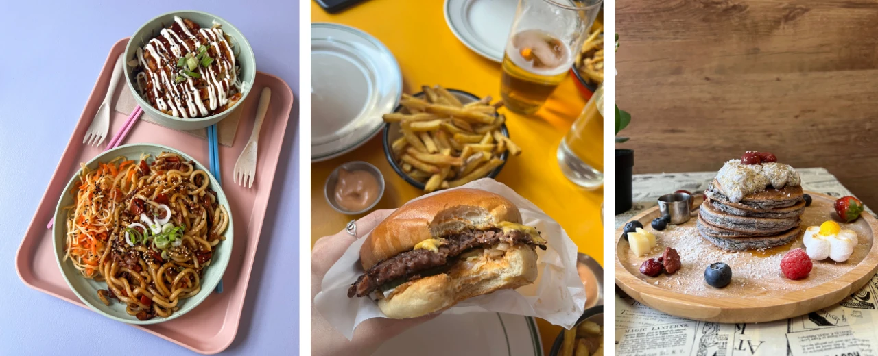 Drei Fotos zeigen verschiedene Gerichte: Nudeln mit Fleisch und Gemüse, Burger mit Pommes und ein Pfannkuchen-Stack mit Beeren.