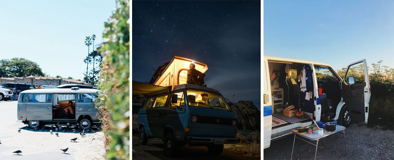 Drei Campervan-Bilder: Einer tagsüber geparkt, einer nachts unter Sternen und einer beim Kochen.