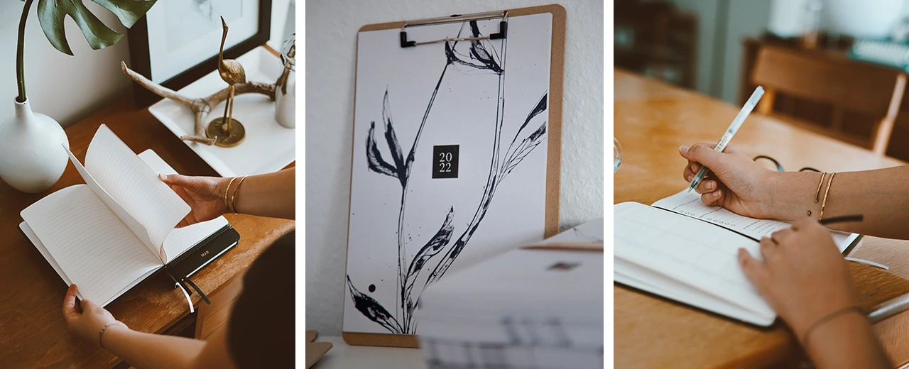 Planung & Organisation für ein produktives Jahr 2022. Notizbuch, Kalender & Schreibszene.