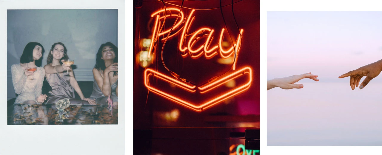 Drei Bilder: Frauen mit Cocktails, Neon-Play-Schild, sich berührende Hände. Erstellt mit Adobe Photoshop CS6 (Mac).