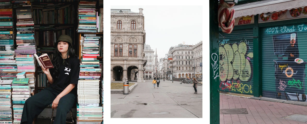 Triptychon von Wien: Frau liest in Antiquariat, Blick auf Opernhaus, Streetfood-Rollladen mit Graffiti.
