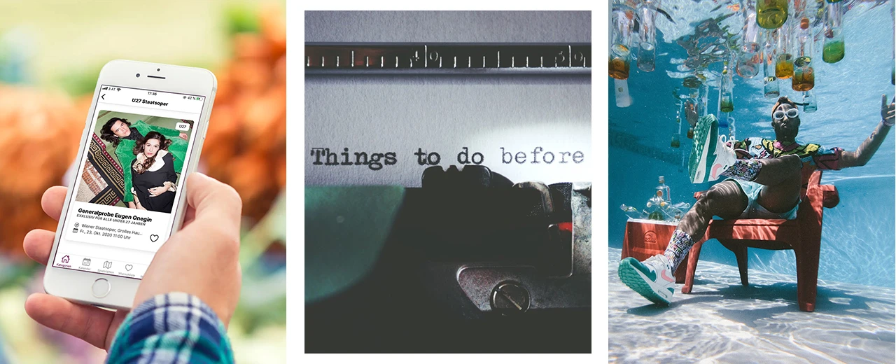 © Ticket Gretchen | Suzy Hazelwood/Pexels | Unsplash Collage mit drei Bildern: Smartphone mit Veranstaltungshinweis, Schreibmaschine mit Text und Unterwasser-Szene mit Person und Flaschen.