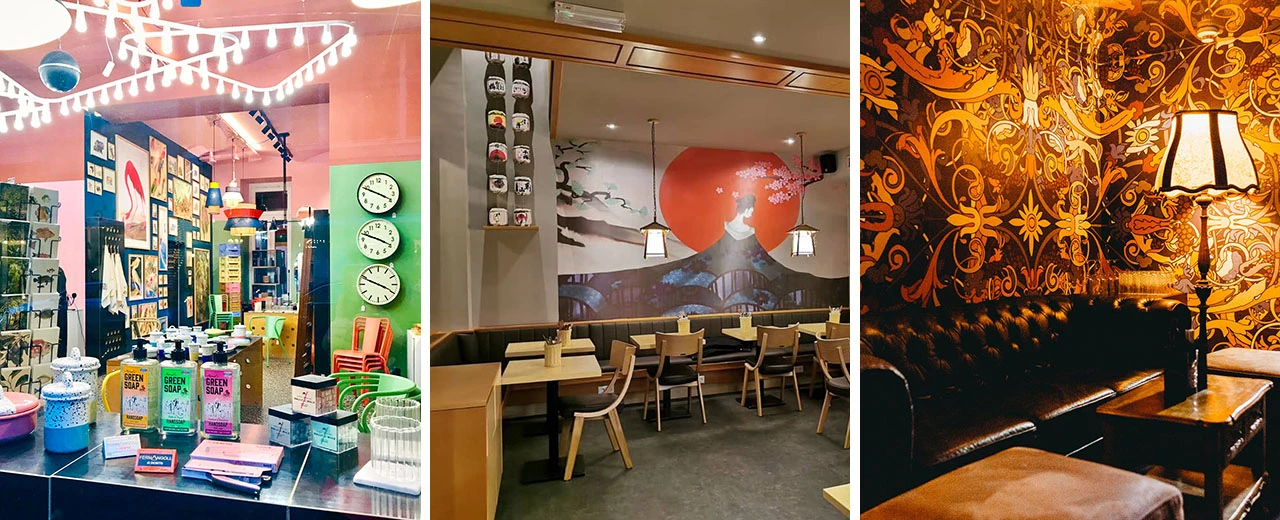 Drei Bilder zeigen verschiedene Inneneinrichtungen: Design-Shop, japanisches Restaurant & Bar mit opulenten Details.