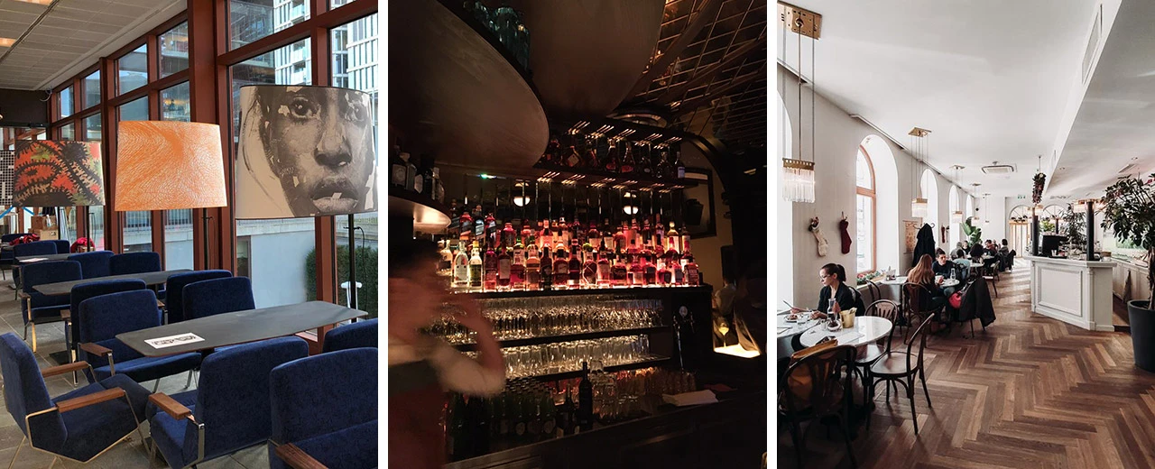 © Lucy Bar/Babula am Augarten Drei Bilder zeigen verschiedene Bereiche eines eleganten Restaurants: Loungebereich mit Lampen, Bar mit Spirituosen und ein heller Speisesaal.