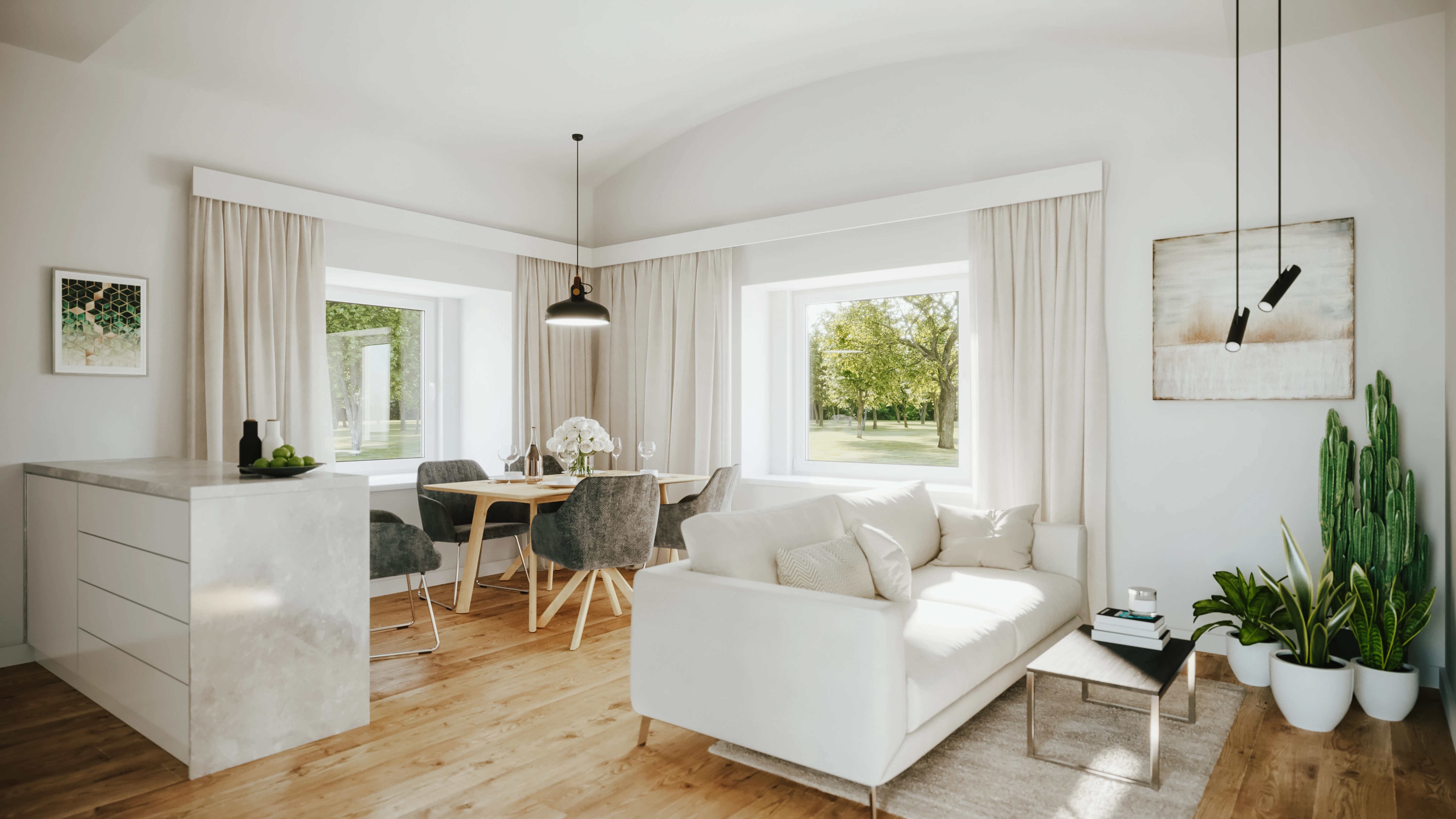 Hell eingerichtetes modernes Wohnzimmer mit Blick auf Garten und Bäume