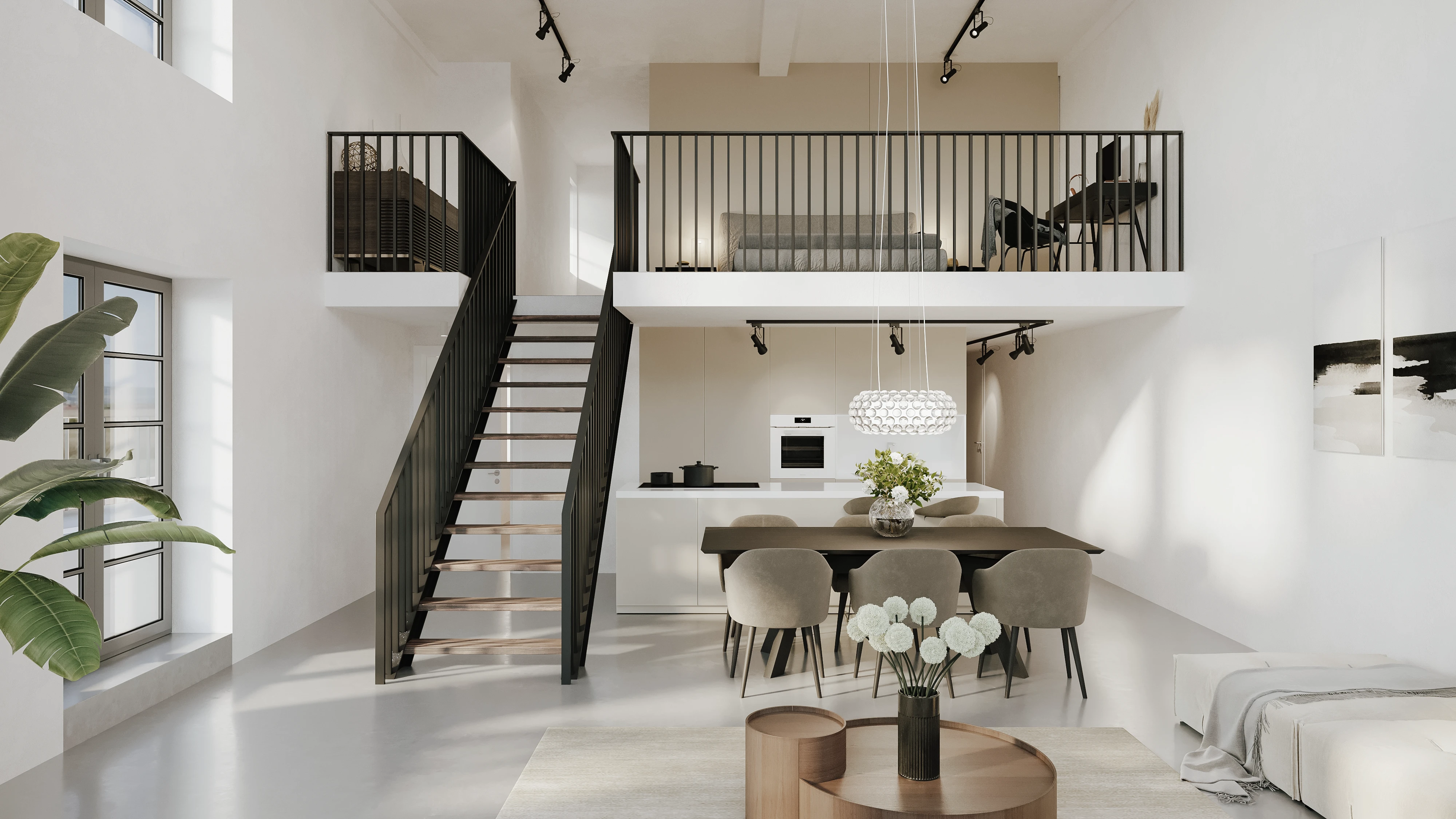 Rendering Küche, Essbereich und Galerie mit Wohnbereich
