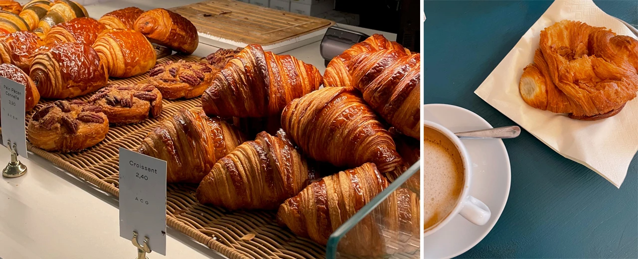 © Camva Bild von Croissants und Pains aux Pecans in einer Bäckerei. Ein Croissant und eine Tasse Kaffee sind ebenfalls abgebildet.